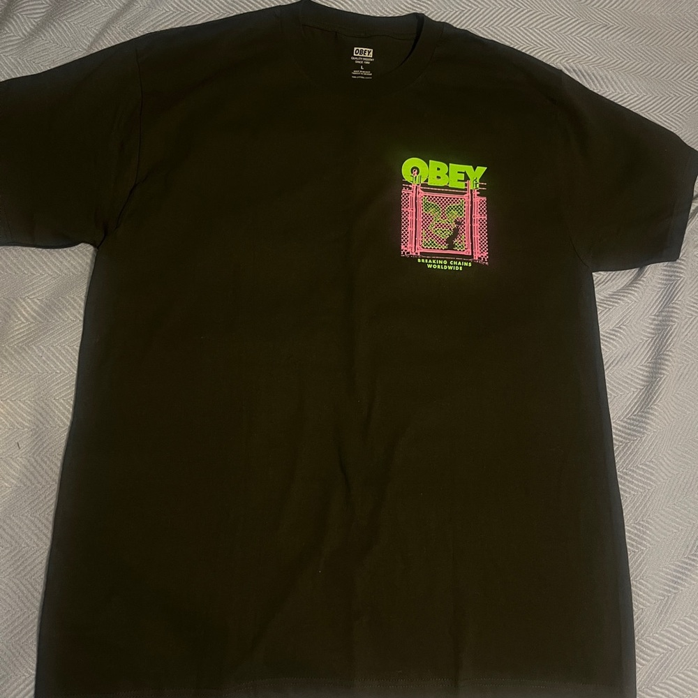 Obey Black T-Shirt with Neon Green and Pink Graphic